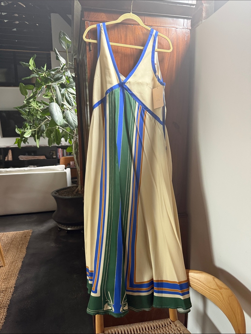 Cream Maxi Dress with Green and Blue Stripe Accents
